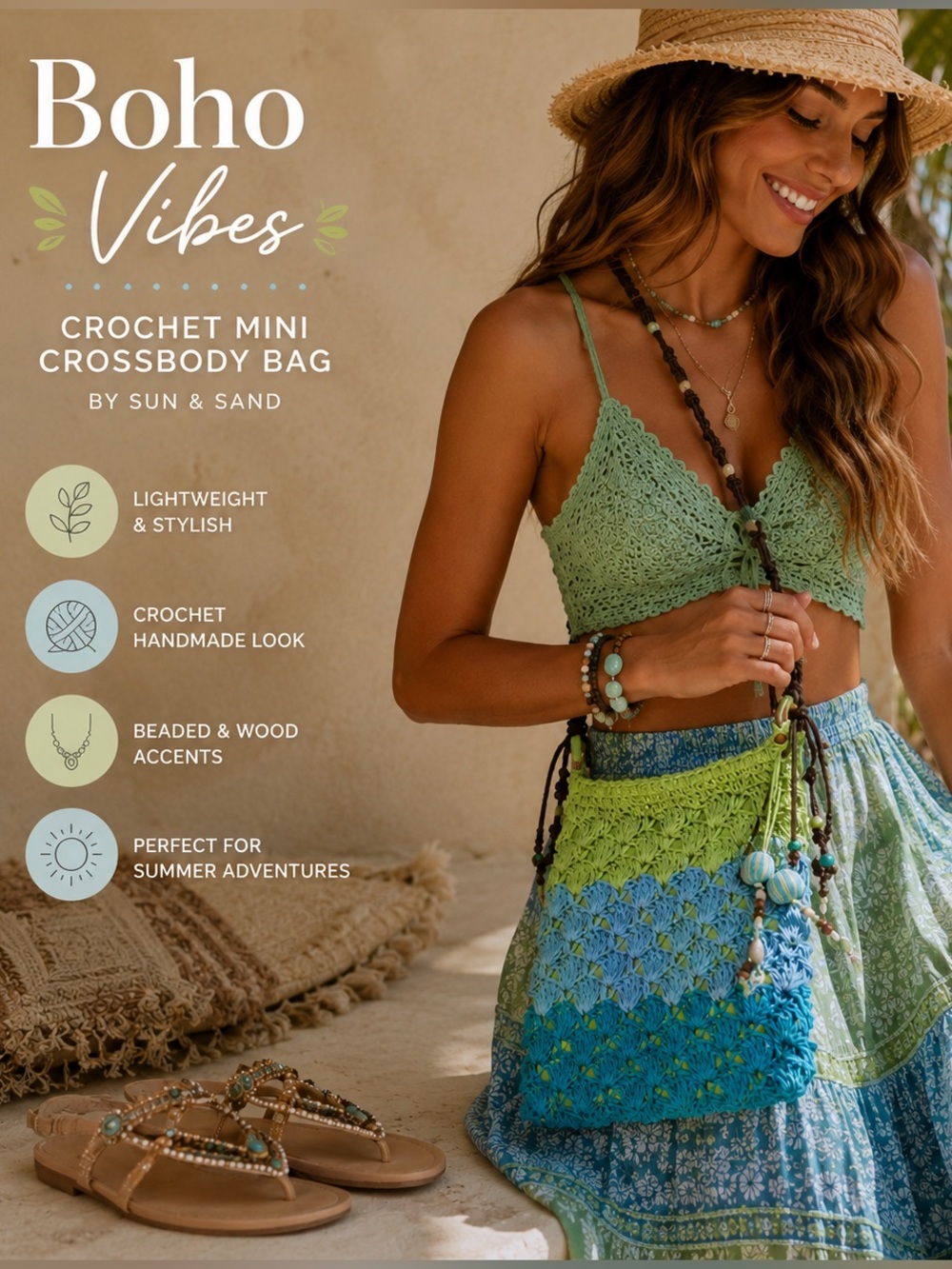 Sun & Sand Boho Crochet Crossbody Bag Green Blue Festival Beach Purse